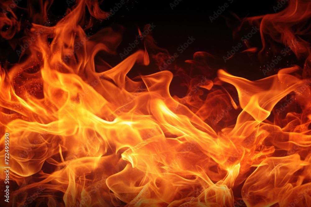 Poster a close-up view of a fire burning on a black background. this image can be used to represent warmth,