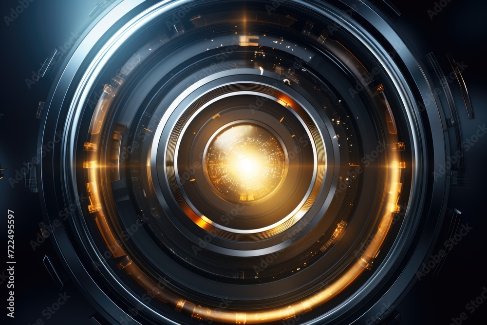 Poster a camera lens with a bright light in the center. suitable for photography and technology concepts