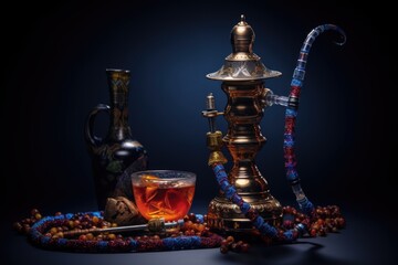 Fototapeta na wymiar A glass of tea is placed next to a hookah and a vase. Perfect for illustrating traditional Middle Eastern culture and relaxation themes