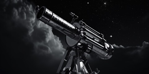 A black and white photo of a telescope. Can be used for educational purposes or in articles about astronomy