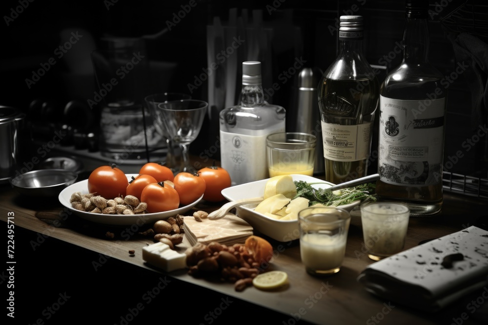 Poster a table adorned with plates of delicious food and bottles of fine wine. perfect for showcasing a fes
