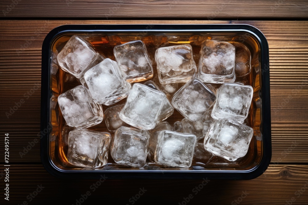 Aufkleber A container filled with ice cubes on top of a wooden table. Suitable for various applications
