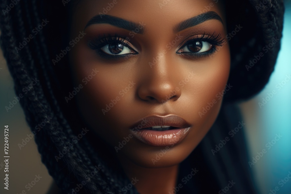Poster a close-up image of a woman wearing a hood. this versatile picture can be used in various contexts