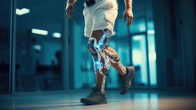 Person using a robotic prosthetic leg for physical therapy. Robotics for healthcare and rehabilitation.