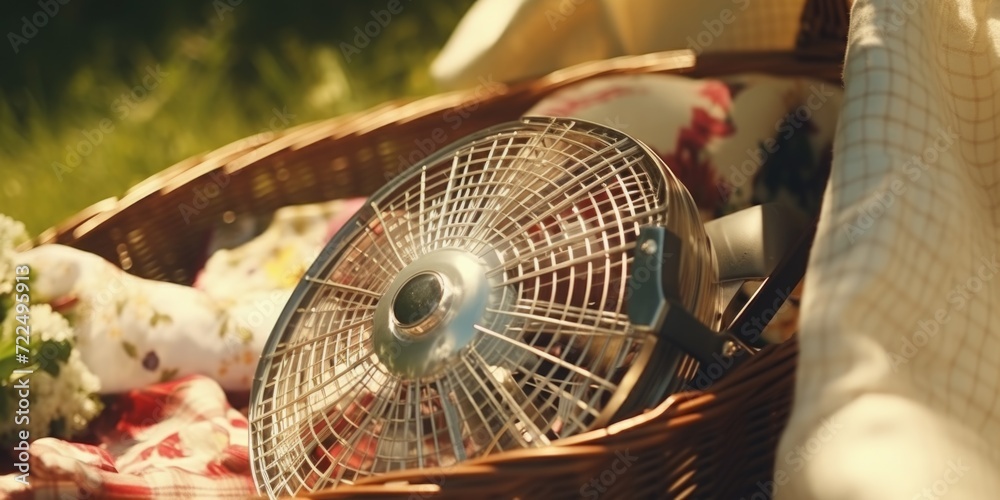 Poster A fan sitting on top of a table next to a basket. This versatile image can be used for various purposes