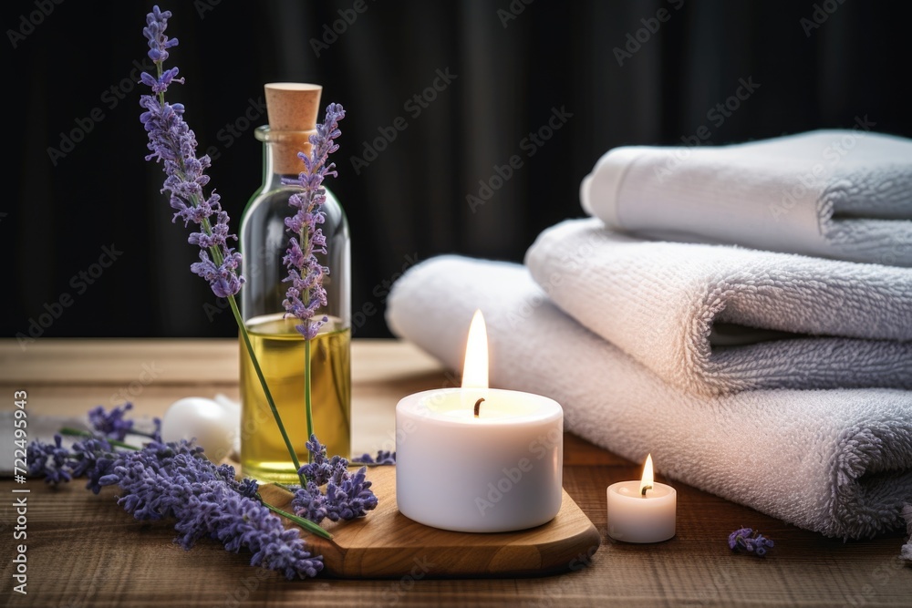 Poster A simple setup of a candle and towels on a table. This versatile image can be used to depict relaxation, spa, self-care, or a cozy atmosphere