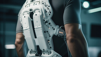 View of a robotic exosuit f in the back of a man for research or rehabilitation purposes.