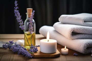 Obraz na płótnie Canvas A simple setup of a candle and towels on a table. This versatile image can be used to depict relaxation, spa, self-care, or a cozy atmosphere