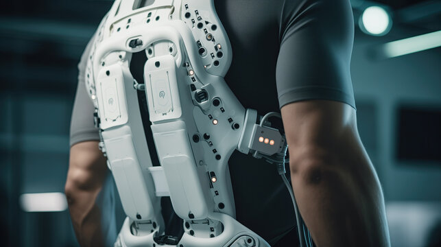 View of a robotic exosuit f in the back of a man for research or rehabilitation purposes.