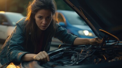 A woman is seen looking under the hood of a car. This image can be used to illustrate automotive maintenance or troubleshooting