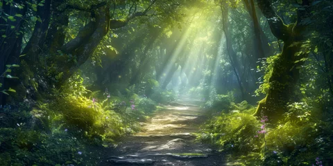 Fototapeten Enchanted forest pathway, a mystical wallpaper featuring a magical forest pathway bathed in soft light. © Hunman