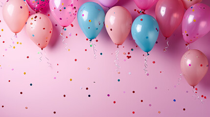 Flat lay balloons and confetti graphic banner with copyspace