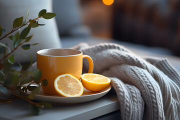 cup of hot tea with lemon on the table near a warm knitted scarf. warmth at home during the cold season.