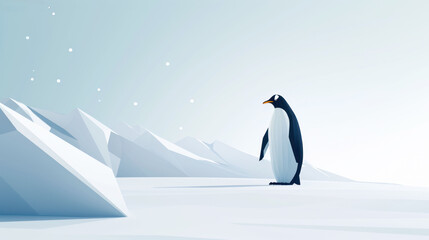 Obraz premium a penguin standing on top of a snow covered hill next to a pile of snow drifting up against a blue sky.