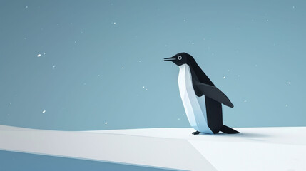  a black and white penguin standing on top of a snow covered hill under a blue sky with snow flakes.