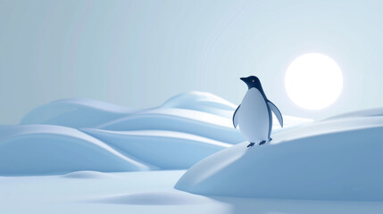  a penguin standing on top of a snow covered hill with a bright sun in the sky behind it and mountains in the background.