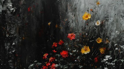  a painting of red, yellow, and white flowers on a black and gray background with white and red flowers in the foreground.