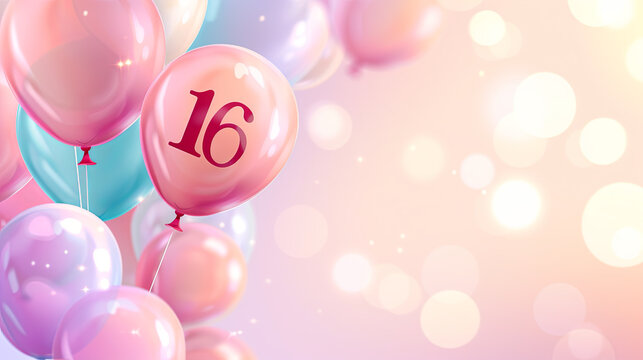 Graphic banner of Sweet 16 Birthday balloon teenager celebration with copyspace