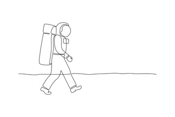 One continuous line drawing of astronauts are walking in space on an exploration mission. Outer space minimalist concept. Dynamic single line draw design vector graphic illustration