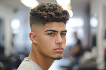 Portrait of attractive young man with new modern haircut low fade in hair salon