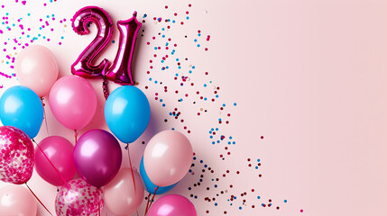 Graphic banner of 21st Birthday balloon celebration with copyspace