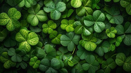 Bright beautiful background all filled with green clover leaves - obrazy, fototapety, plakaty