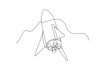 One continuous line drawing of A rocket is accelerating rapidly out of space. Outer space minimalist concept. Dynamic single line draw design vector graphic illustration