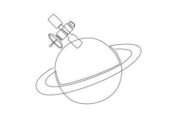 One continuous line drawing of a planet with its satellites. Outer space minimalist concept. Dynamic single line draw design vector graphic illustration
