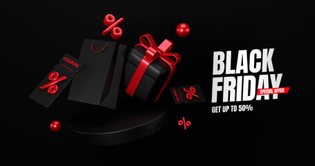 Black friday sale Promotion, Realistic Gift Boxes with Red Ribbon , shopping cart black, Dark background Podium .poster, banners, flyers, card,advertising , 3D rendering