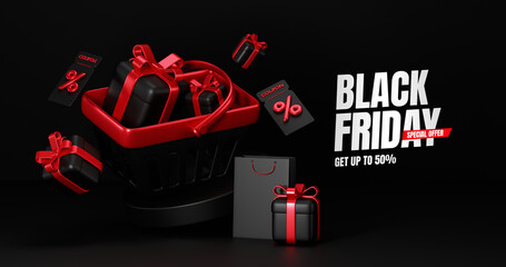 Black friday sale Promotion, Realistic Gift Boxes with Red Ribbon , shopping cart black, Dark background Podium .poster, banners, flyers, card,advertising , 3D rendering