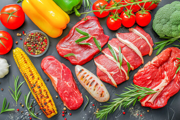 Variety of colorful meats and vegetables, May, food concept, generative ai