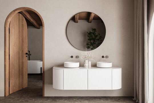 Beige bathroom interior with double sink and mirror, carpet on hardwood floor, bathtub, plants. Bathing accessories and window in hotel studio, arches. - Powered by Adobe