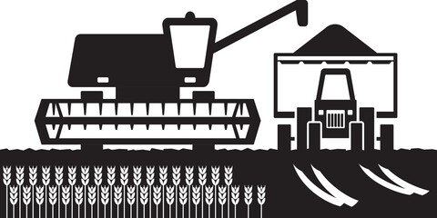 Combine harvester and tractor in wheat field - vector illustration