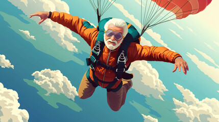 AI Illustration Of An Adventurous Grandpa Skydivi.