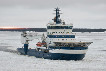 Icebreaker Vessel On Duty For Icebreaking Services For Safe Navigation. Operations In Arctic Areas. - obrazy, fototapety, plakaty