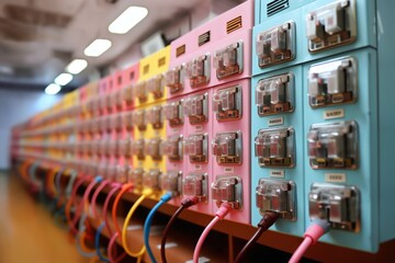 Pink analog control panel in the command center, devices for industrial and scientific research, in the style of retro science fiction