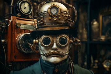 portrait of a man in steampunk style, wearing glasses and a hat with mechanical devices on the background, the concept of retro mechanics - obrazy, fototapety, plakaty