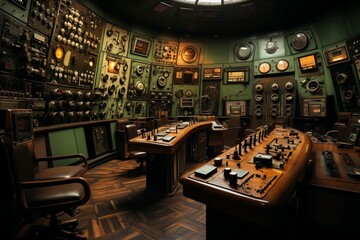 command post of a retro analog control center for an industrial enterprise or a nuclear power...