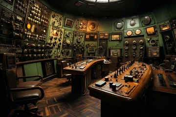 Foto op Canvas command post of a retro analog control center for an industrial enterprise or a nuclear power plant, control panel, devices for industrial and scientific research and measurements © soleg