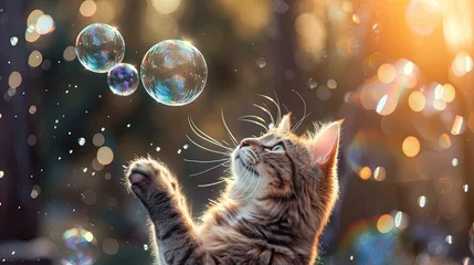 Foto op Canvas Happy cat pet catching soap bubble outside garden wallpaper background © Irina