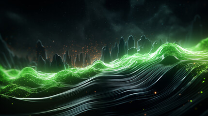 Abstract 3D background of green neon lines sliding down. Modern wallpaper.