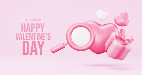 Valentine's Day interior, balloons. Stand, podium,  background with product display and Heart. Love greeting card, poster with pink gift boxes, presents - 3d rendering