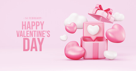 Valentine's Day interior, balloons. Stand, podium,  background with product display and Heart. Love greeting card, poster with pink gift boxes, presents - 3d rendering