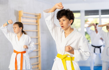 Group of boys and girls in kimonos train karate techniques in studio