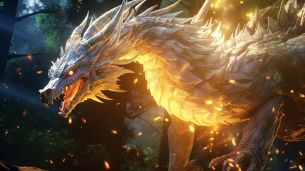 Fantasy white fire dragon. Neural network AI generated art