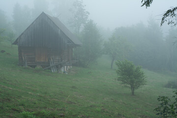 Cozy Retreat in the Mist: Vintage Wooden Cabin on the Mountain Slope