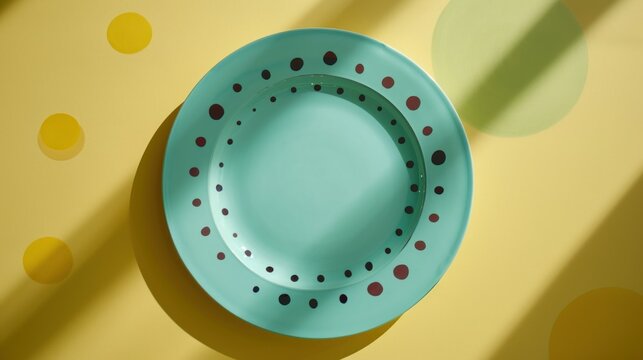  a close up of a blue plate on a yellow surface with a polka dot pattern on the side of the plate.
