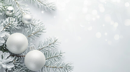 Fototapeta na wymiar Pretty white snow and pine tree branch, with fairy lights, Christmas graphic banner with copyspace