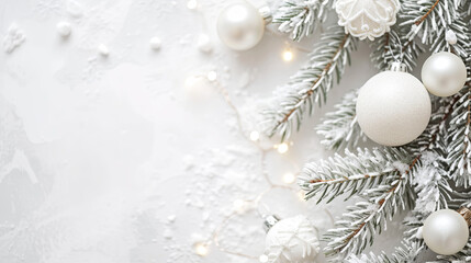 Naklejka na ściany i meble Pretty white snow and pine tree branch, with fairy lights, Christmas graphic banner with copyspace