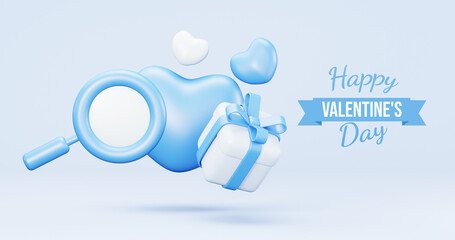 Valentine's Day interior, balloons. Stand, podium, blue background with product display and Heart. Love greeting card, poster with blue gift boxes, presents - 3d rendering
